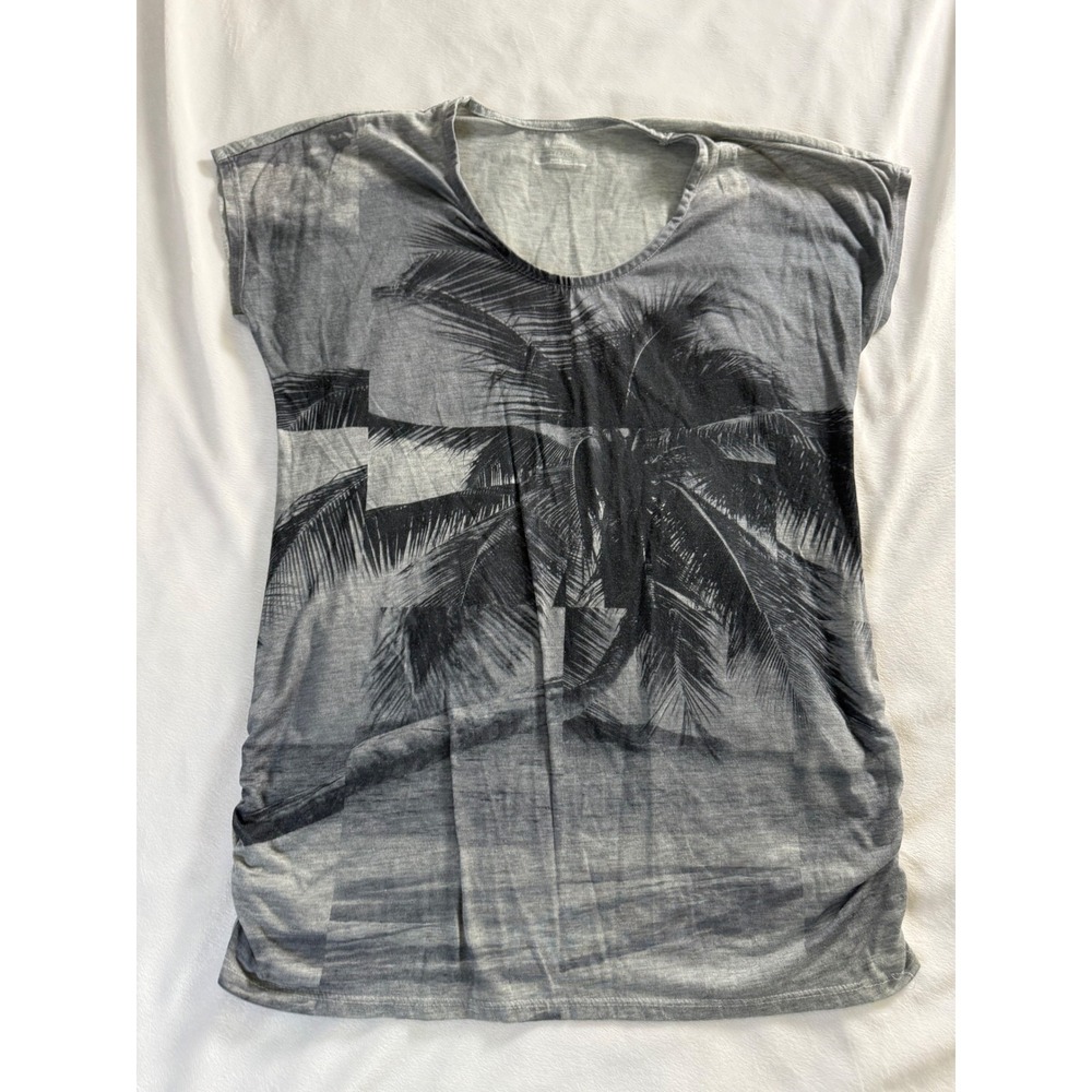 Motherhood Maternity Gray Palm Tree Graphic Ruched Side Short Sleeve Top Small